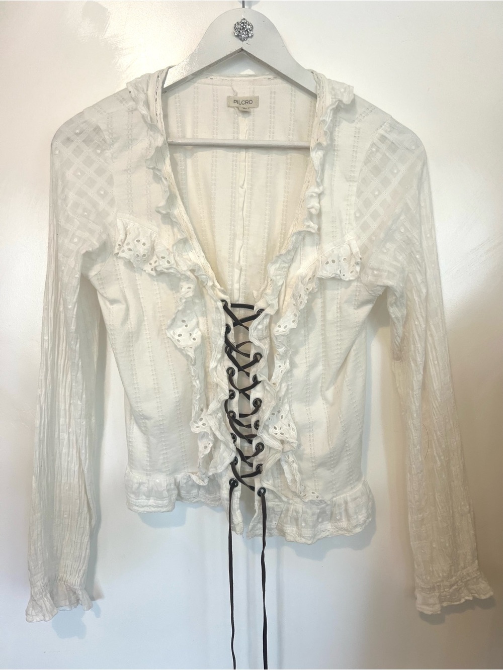 Pilcro White Eyelet Lace-Up Ruffle Blouse - Picture 4 of 8